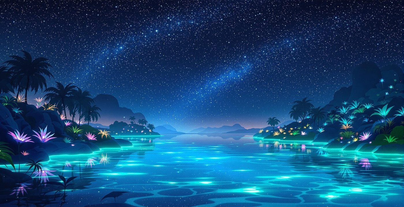 星空下发光湖面的插画